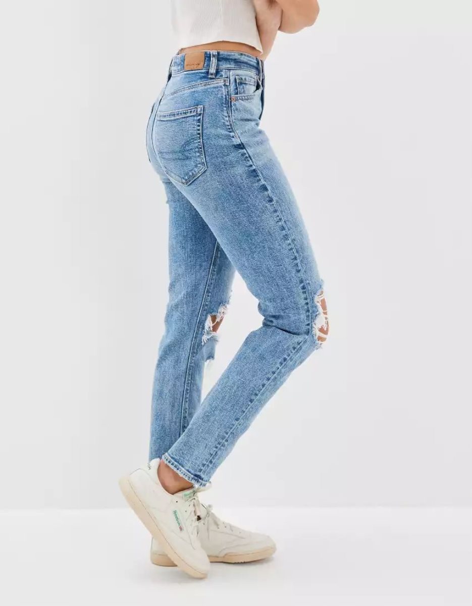 Jean American Eagle AE Strigid Ripped Mom Bleu Femme | ZPX-18371243